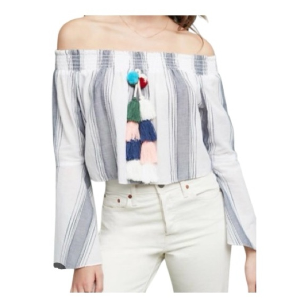 👚 EUC ANTHROPOLOGIE LILKA White Gray Striped Off Shoulder Playa Top | Sz S